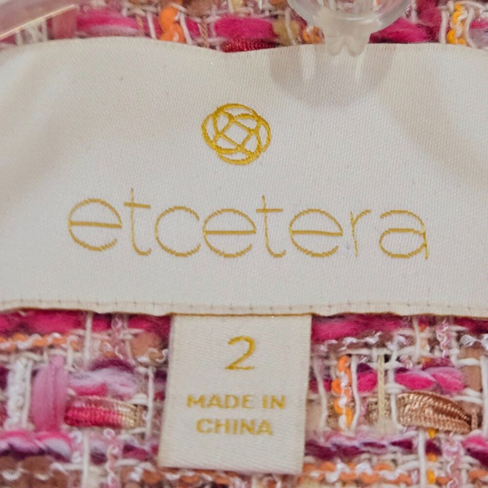 Etcetera Fringe Tweed Jacket Size 2 Zip Front Barbie Pink Tones Office old money - Picture 9 of 12